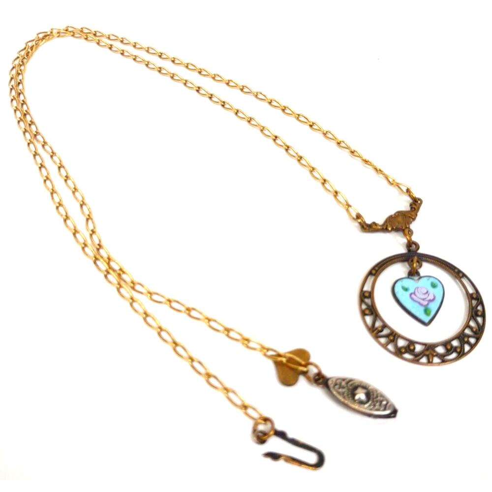 Vintage Glass Works Studio Heart Necklace Ceramic Blue Green Brass Metal 24”
